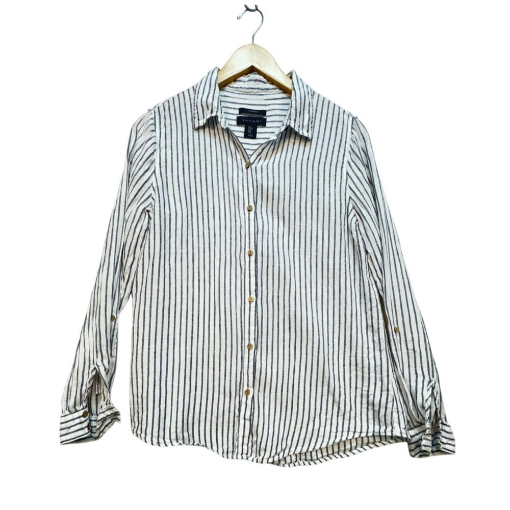 Tahari Womens Stripe Linen Button-Up Shirt Size M Blue White Casual Workwear